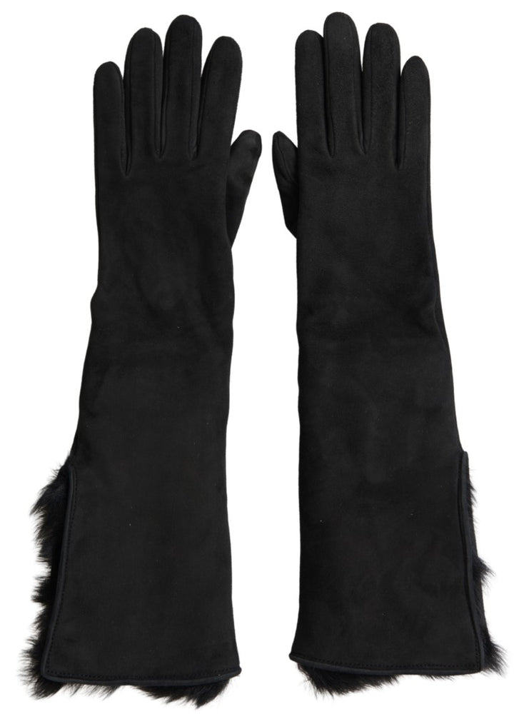 Elegant leather gloves with fur trim in elbow length