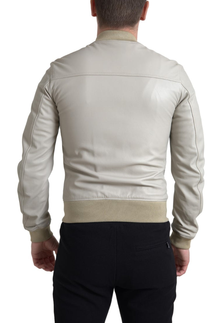Cremefarbene Lederbomber-Blousonjacke mit durchgehendem Reißverschluss