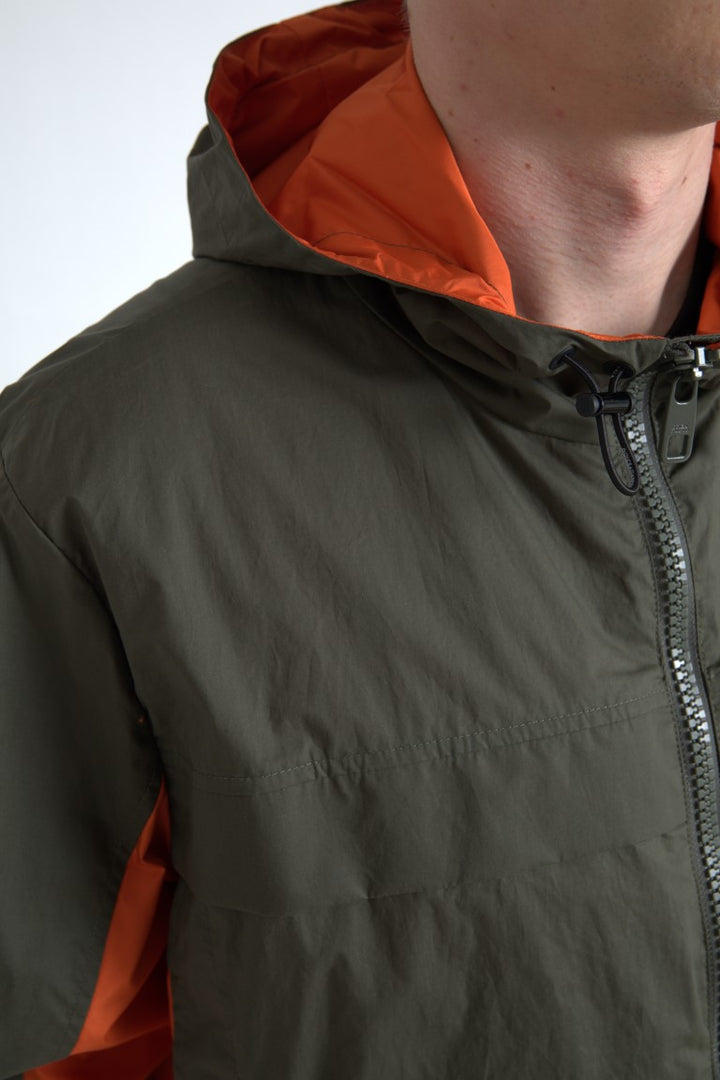 Grün-Orange Jacke mit Kapuze und durchgehendem Reißverschluss aus Baumwolle