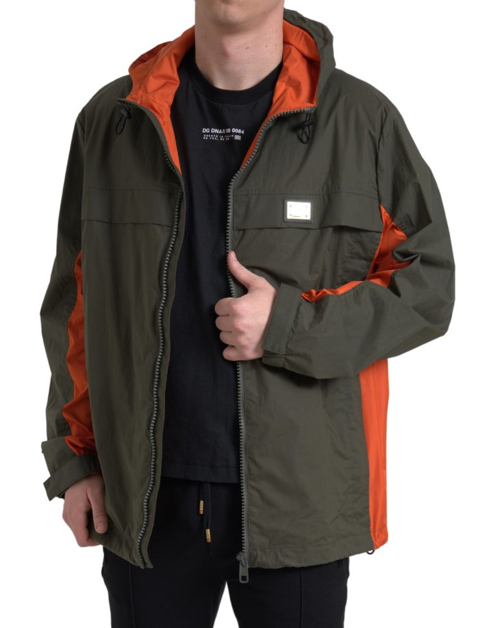 Grün-Orange Jacke mit Kapuze und durchgehendem Reißverschluss aus Baumwolle
