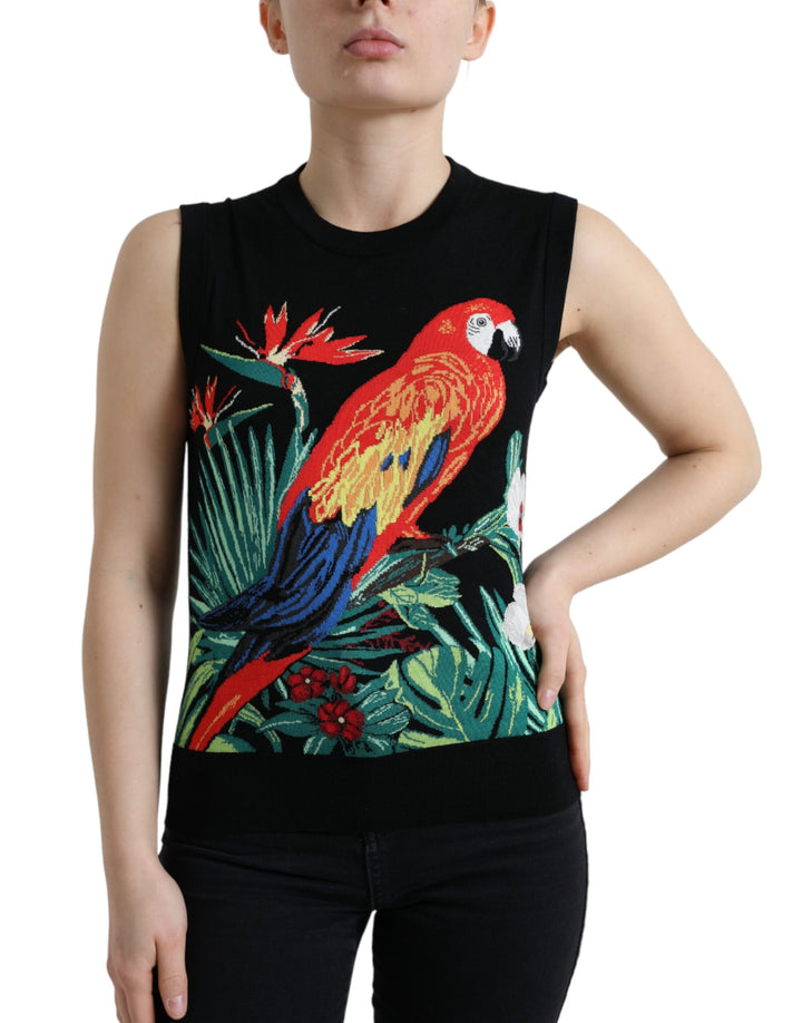 Elegant wool-silk tank with round neck and bird embroidery