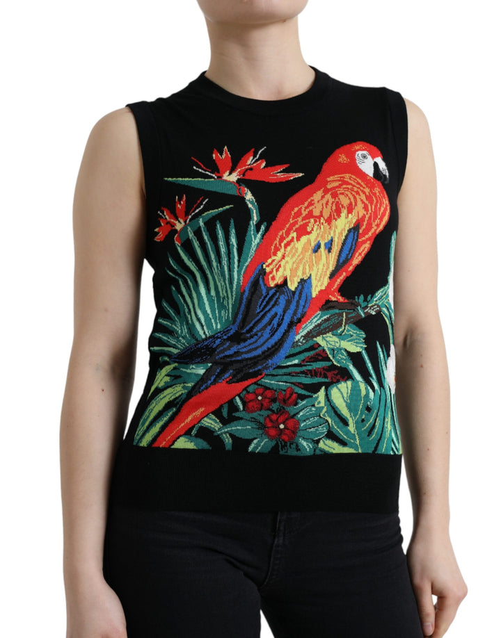 Elegant wool-silk tank with round neck and bird embroidery