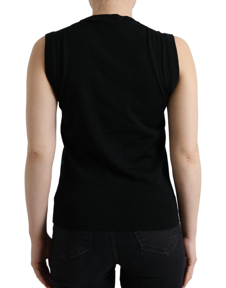 Elegant wool-silk tank with round neck and bird embroidery