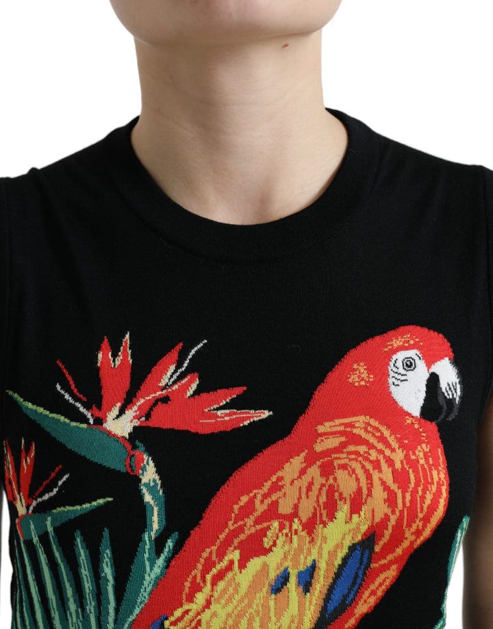 Elegant wool-silk tank with round neck and bird embroidery