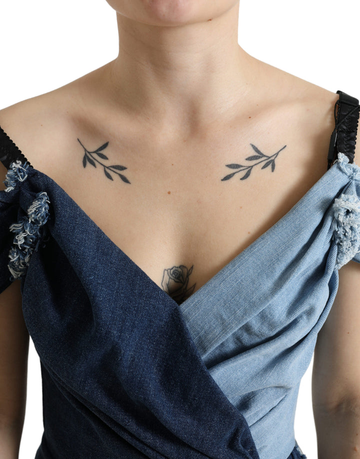 Blaues Patchwork-Minikleid aus zweifarbigem Denim