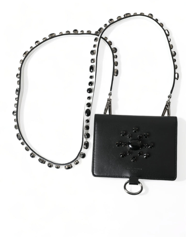 Elegant black leather crystal card holder wallet
