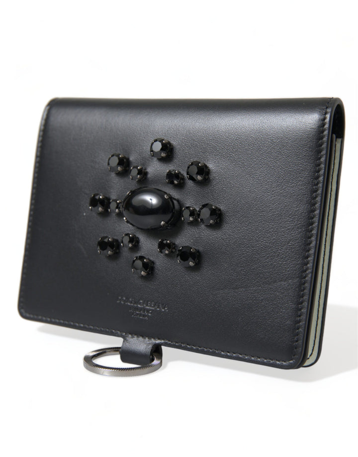 Elegant black leather crystal card holder wallet