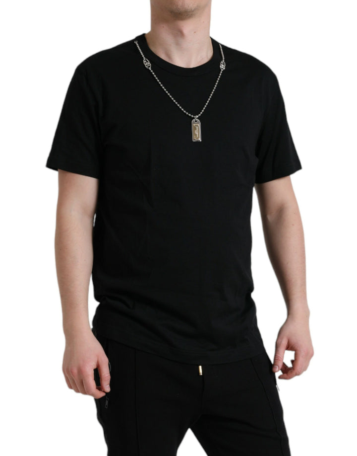 Simple cotton T-shirt with round neck and chain detail