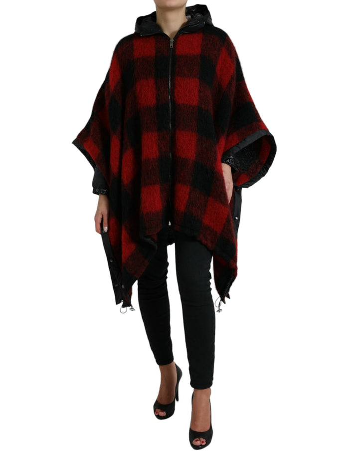 Schwarz Rot Büffelkaro Poncho Jacke mit Kapuze