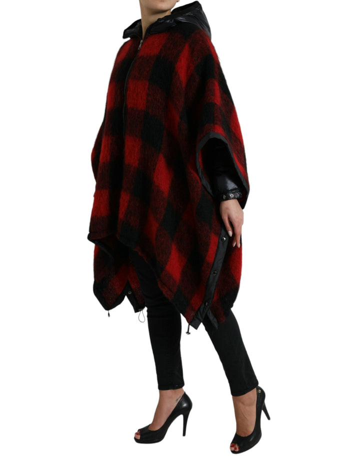 Schwarz Rot Büffelkaro Poncho Jacke mit Kapuze