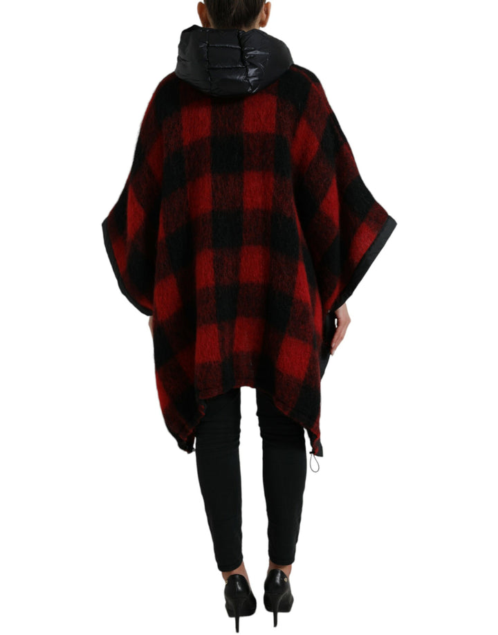 Schwarz Rot Büffelkaro Poncho Jacke mit Kapuze