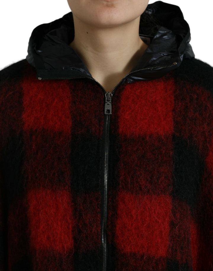 Schwarz Rot Büffelkaro Poncho Jacke mit Kapuze