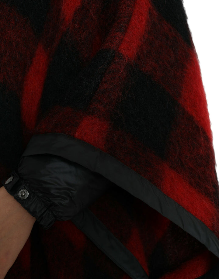 Schwarz Rot Büffelkaro Poncho Jacke mit Kapuze