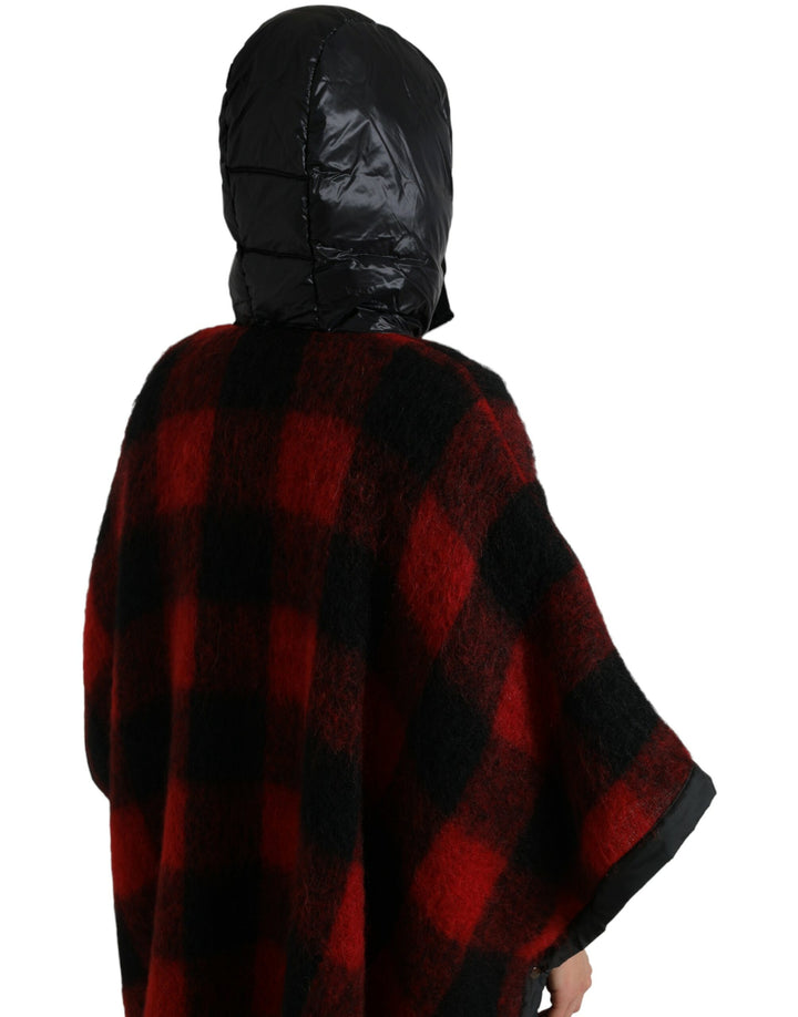 Schwarz Rot Büffelkaro Poncho Jacke mit Kapuze