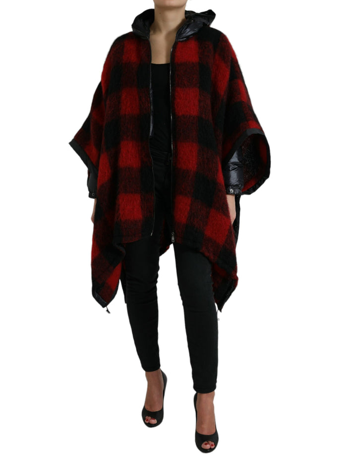 Schwarz Rot Büffelkaro Poncho Jacke mit Kapuze
