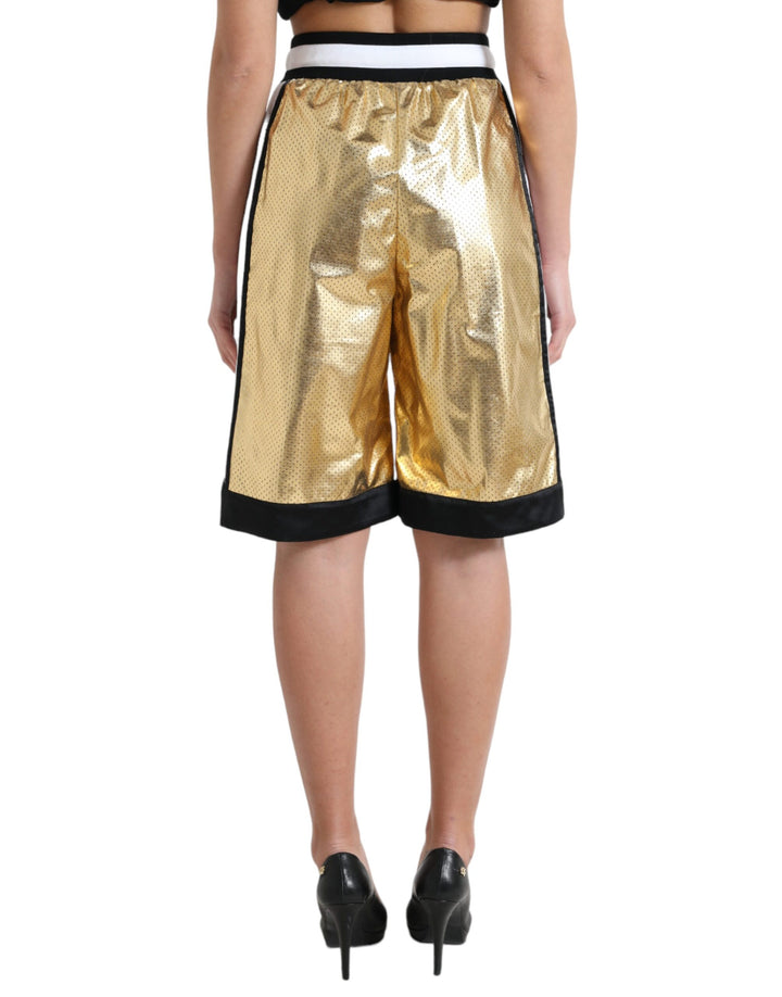Goldfarbene, perforierte Shorts mit hoher Taille aus Polyester