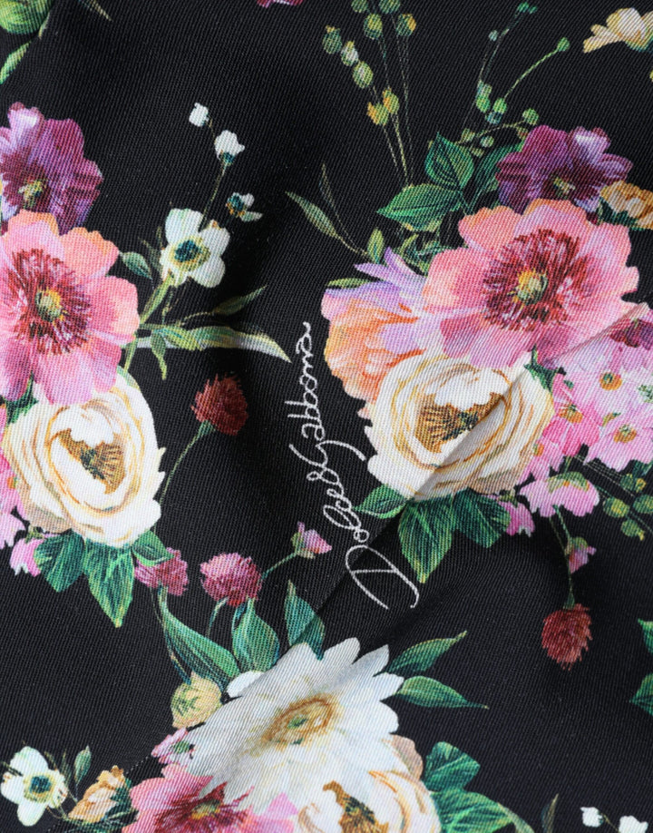 Schwarze geblümte Wollhose mit weitem Bein und hoher Taille