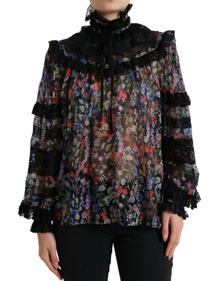 Elegant floral silk blouse with lace trim