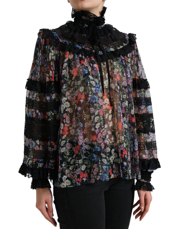 Elegant floral silk blouse with lace trim