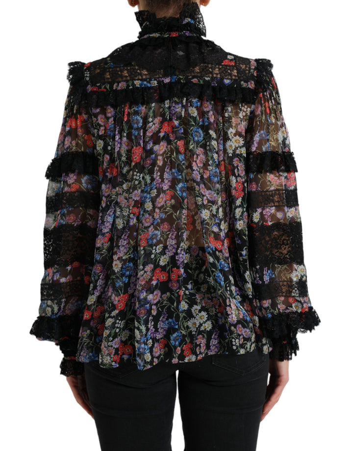 Elegant floral silk blouse with lace trim