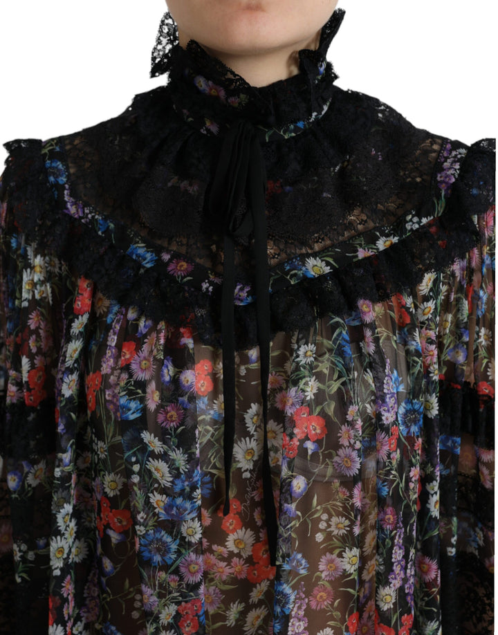 Elegant floral silk blouse with lace trim