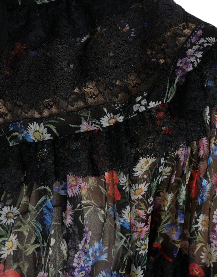 Elegant floral silk blouse with lace trim