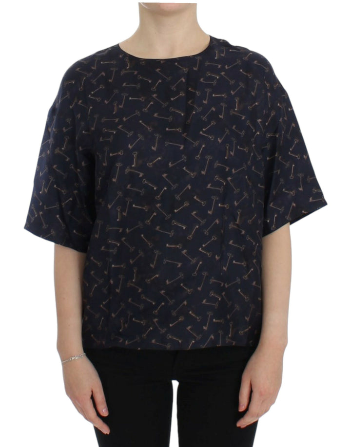 Blau-goldene Seidenbluse mit Schlüsseldruck