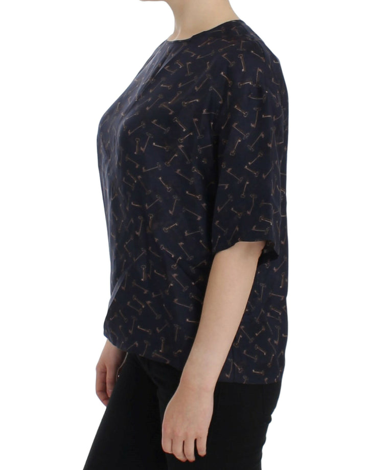 Blau-goldene Seidenbluse mit Schlüsseldruck