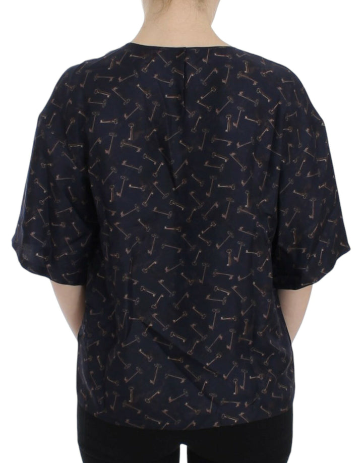 Blau-goldene Seidenbluse mit Schlüsseldruck