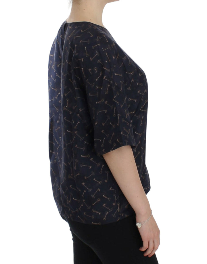 Blau-goldene Seidenbluse mit Schlüsseldruck