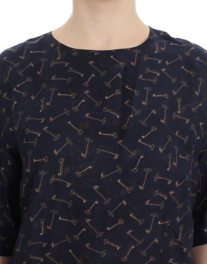 Blau-goldene Seidenbluse mit Schlüsseldruck