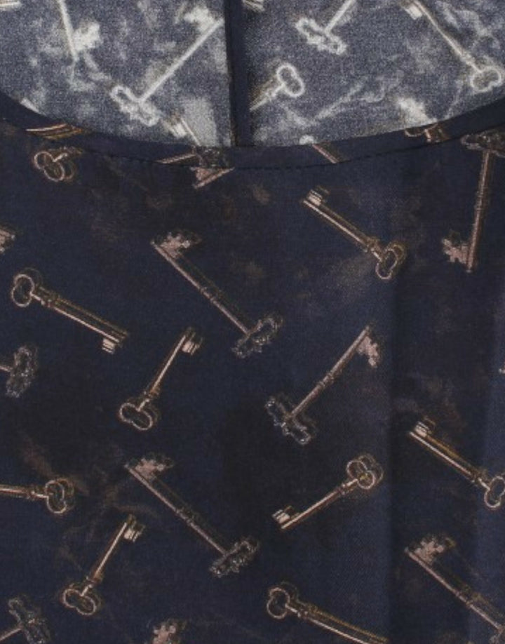 Blau-goldene Seidenbluse mit Schlüsseldruck