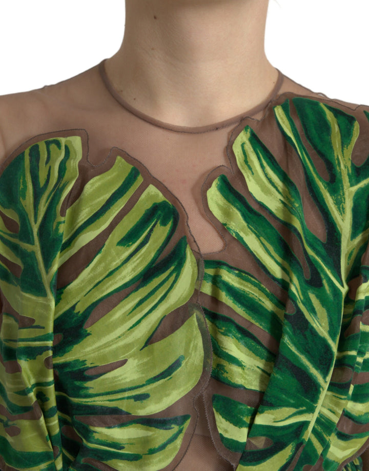 Grünes ärmelloses langes Maxikleid mit Bananenblättern