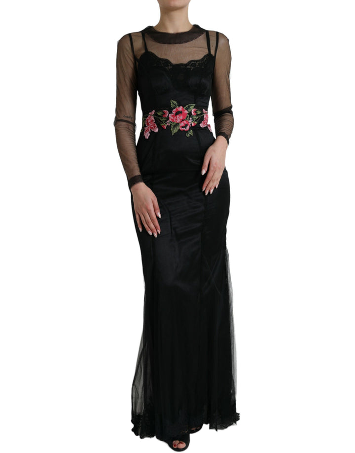 Long tulle evening dress with floral embroidery
