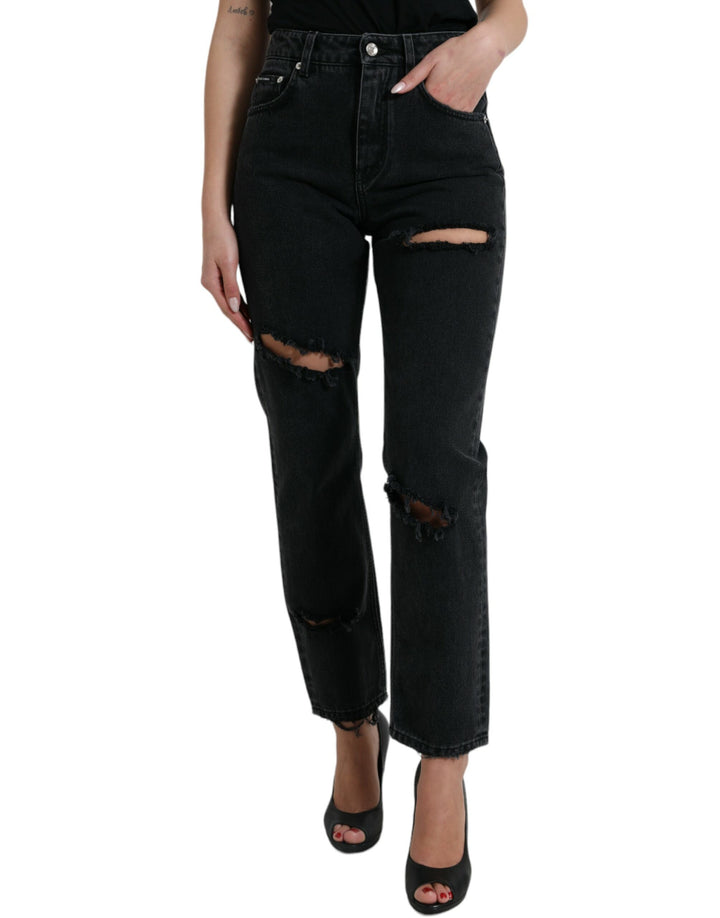 Schwarze Baumwolljeans mit hoher Taille aus zerfetztem Denim