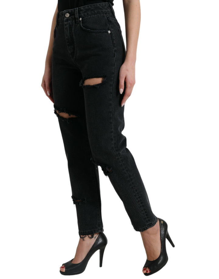 Schwarze Baumwolljeans mit hoher Taille aus zerfetztem Denim
