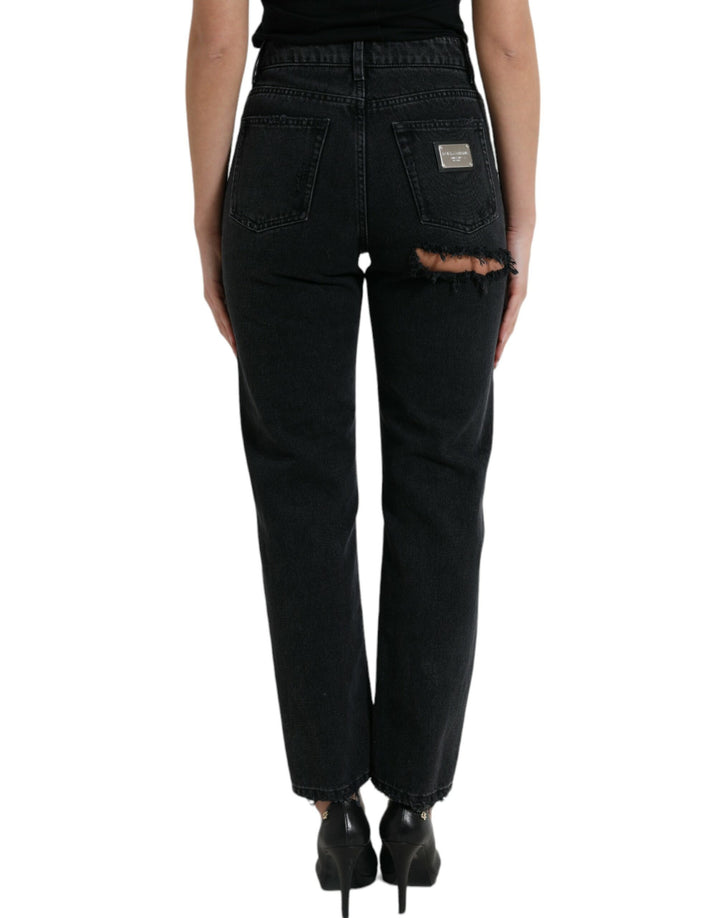 Schwarze Baumwolljeans mit hoher Taille aus zerfetztem Denim