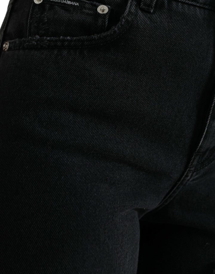 Schwarze Baumwolljeans mit hoher Taille aus zerfetztem Denim