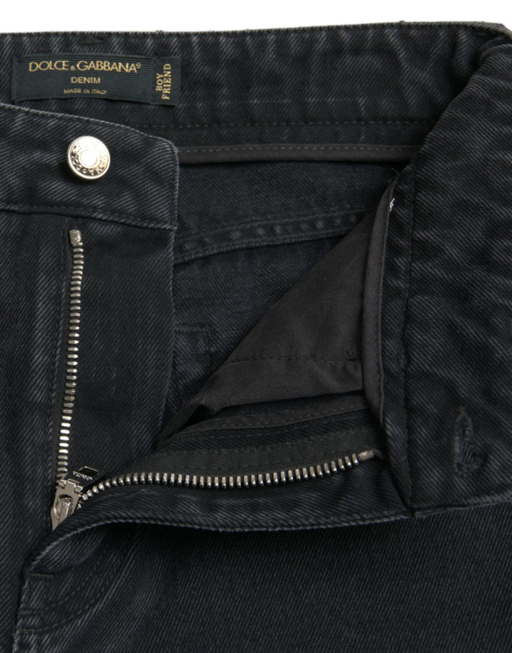 Schwarze Baumwolljeans mit hoher Taille aus zerfetztem Denim