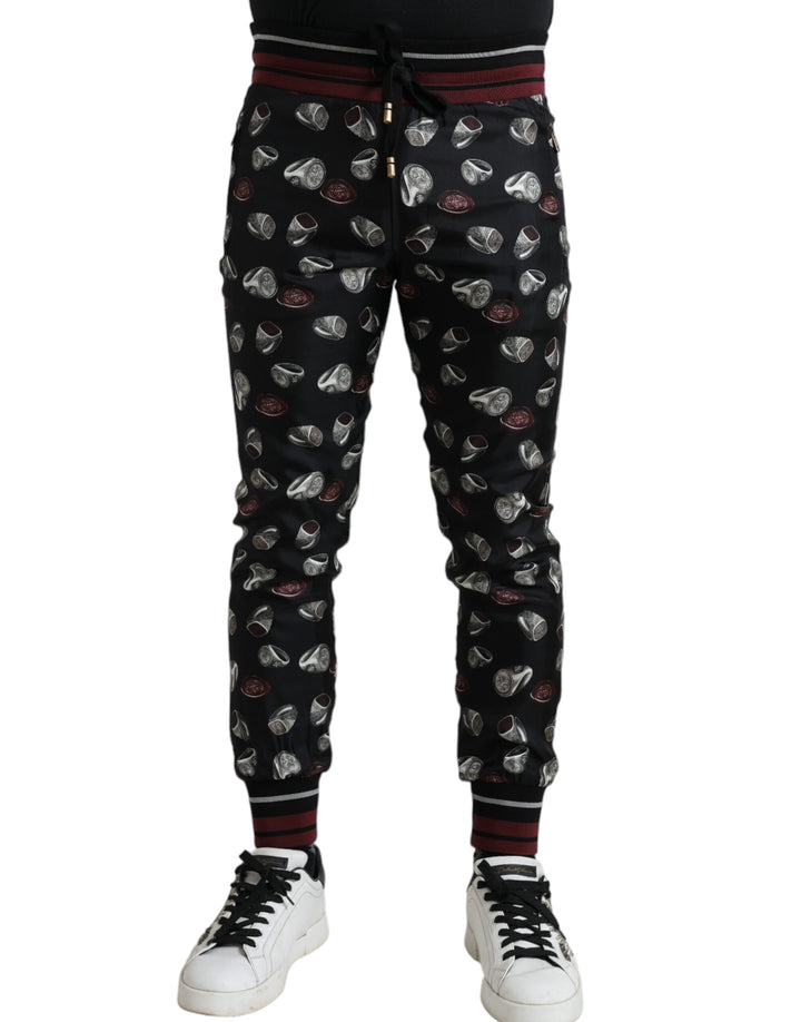 Elegant silk jogging pants with ring print