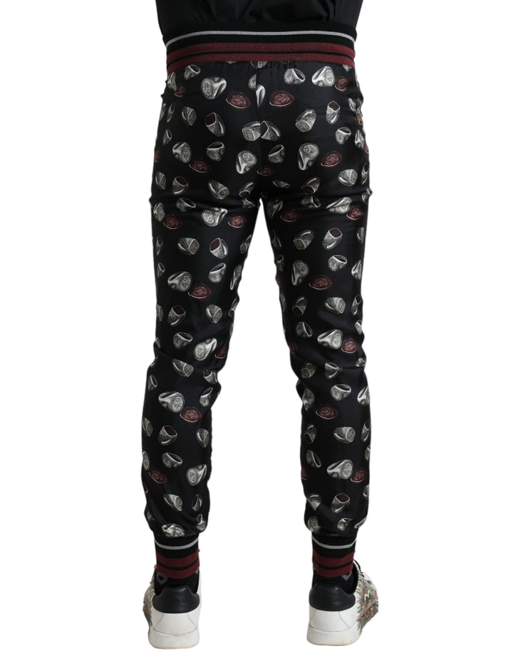Elegant silk jogging pants with ring print