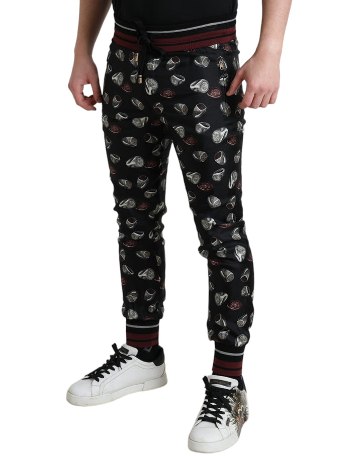 Elegant silk jogging pants with ring print