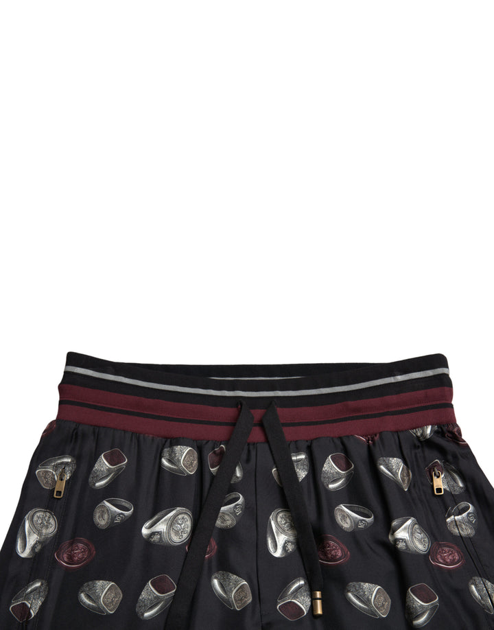 Elegant silk jogging pants with ring print