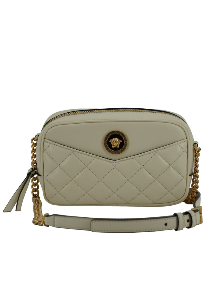 Elegant camera bag made of white lambskin leather
