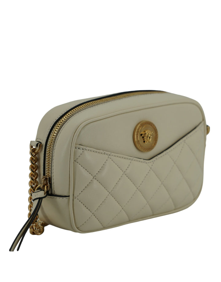 Elegant camera bag made of white lambskin leather