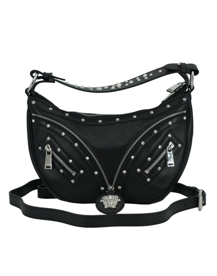Elegant black leather hobo shoulder bag