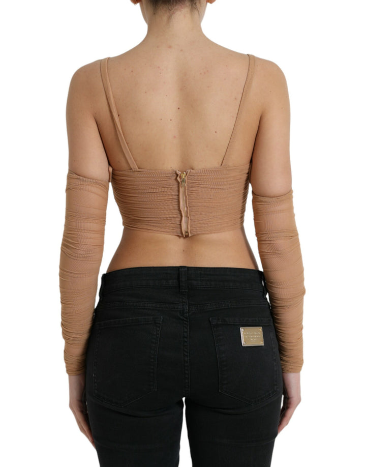 Elegant brown long-sleeved top with cut sleeves