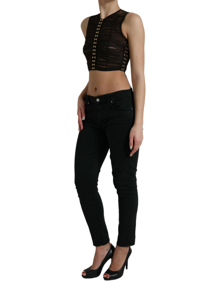Braunes verschönertes Nylon Stretch Cropped Top