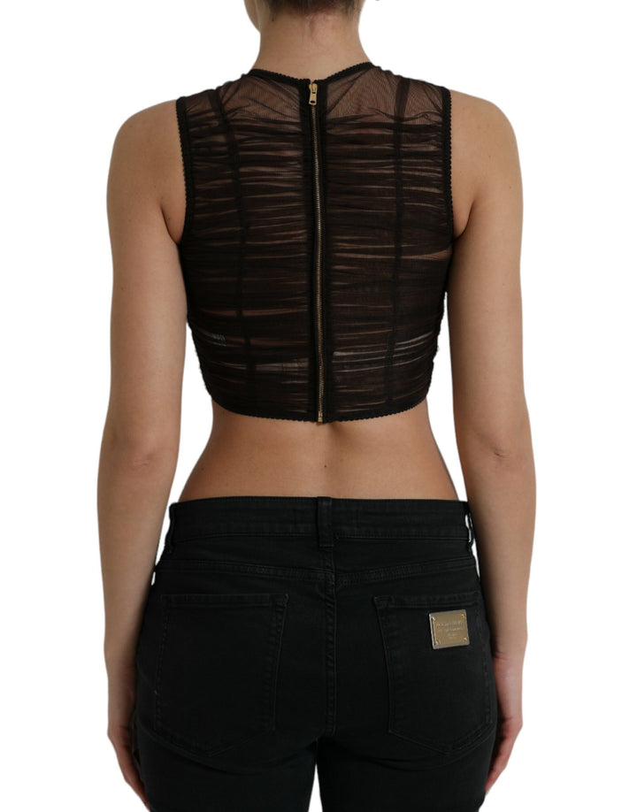 Braunes verschönertes Nylon Stretch Cropped Top