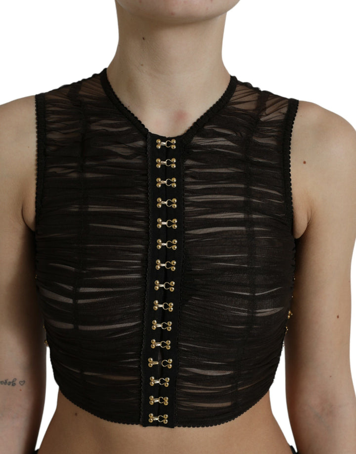 Braunes verschönertes Nylon Stretch Cropped Top